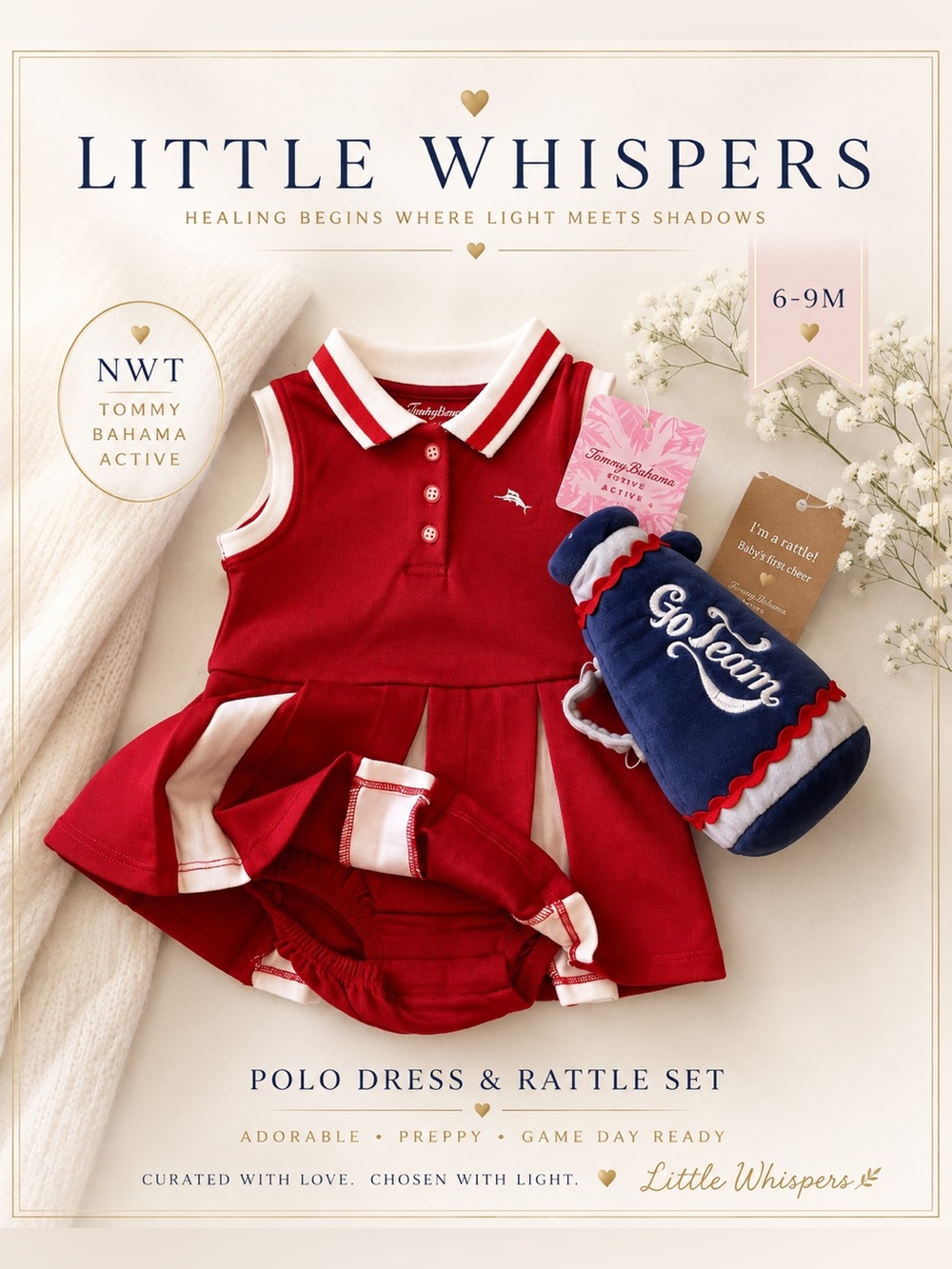NWT Tommy Bahama Baby Girl 6-9M Polo Dress Bloomer & Rattle Set